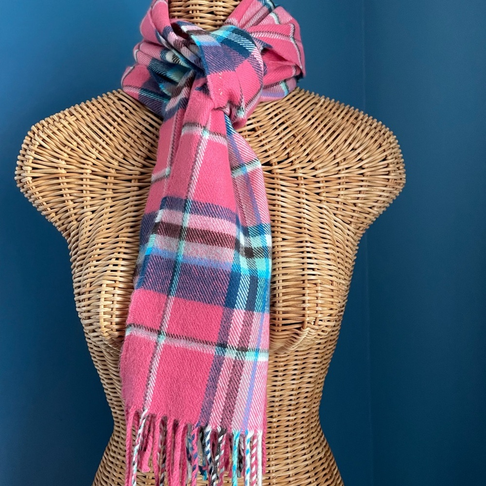 100% Cashmere Plaid Scarf Scotland Pink Blue Green Cream 12 x 70 EUC